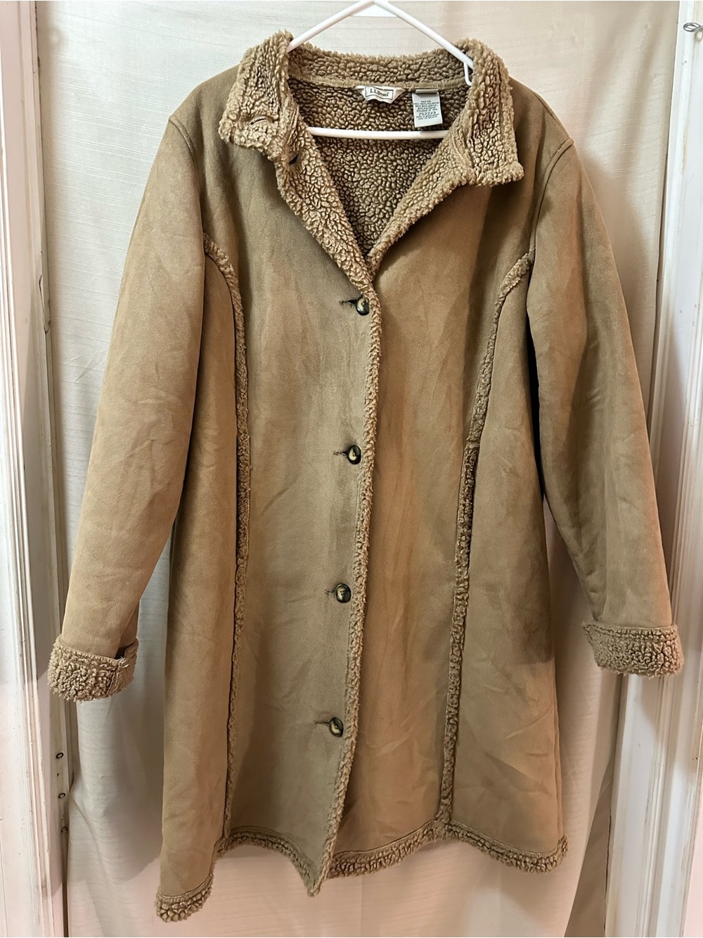 L.L.Bean Faux Shearling Sherpa Coat Tan Button Front Long Jacket XL Regular